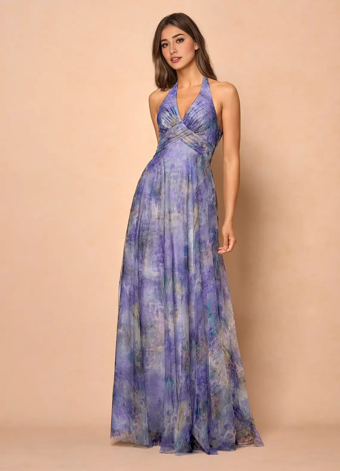 Robe Weitese lilas dos nu col en V élégante robe longue robe de bal sans manches dos nu imprimé fleuri robe de soirée trapèze